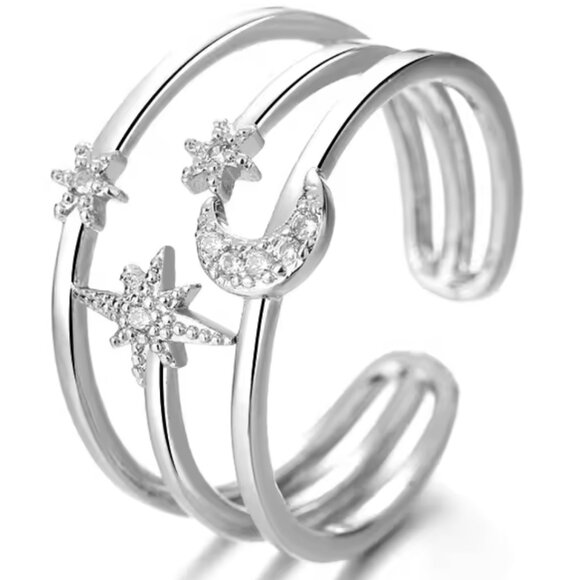Silver Star and Moon Diamond Adjustable Ring - Picture 2 of 2
